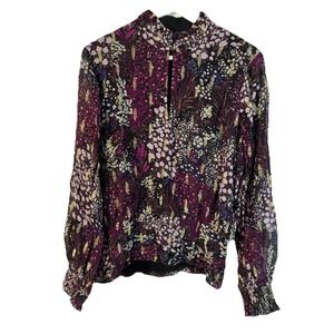 White House Sheer Top Womens Size 10 Purple Floral Gold High Neck Fairy Grunge